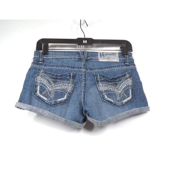 Hydraulic Stretch Low Rise Med Wash Denim Cuffed Jean Short Shorts Women 3/4 - Picture 2 of 3
